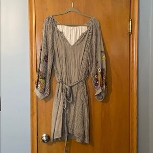 Stripe and Floral Accent Long Sleeve Boho Dress